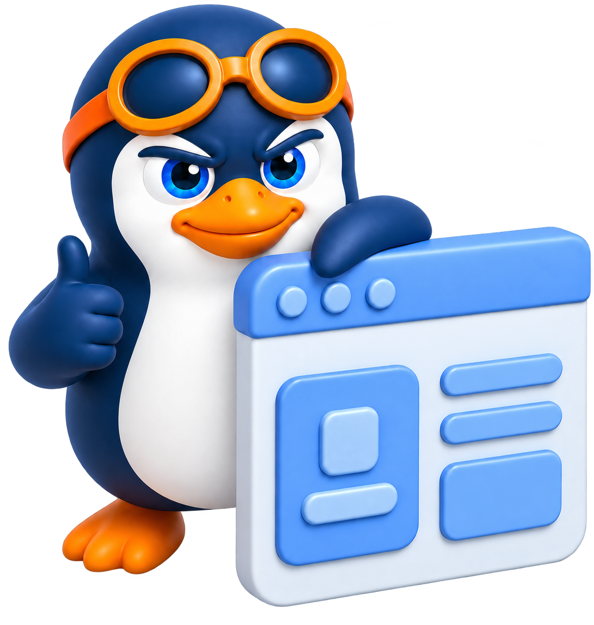 PenguinPilot mascot holding a branded website window